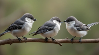 Monochrome Birds On Slender Limb In Soft Light