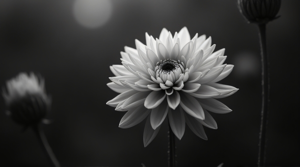 Monochrome image showing detailed layered petals of a blooming flower with strong contrast and shadows