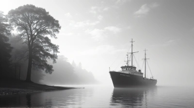Monochrome Boat Anchored Near Misty Shoreline
