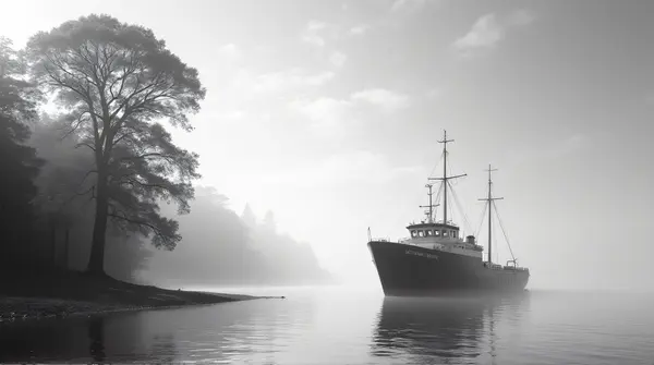 Monochrome boat anchored by a misty shoreline with tall trees and soft cloud formations overhead