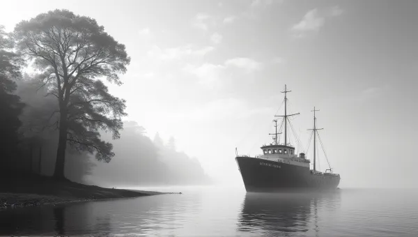 Monochrome Boat Anchored Near Misty Shoreline