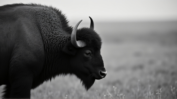 Black and white portrait of a solitary buffalo facing left with detailed fur texture and soft side lighting
