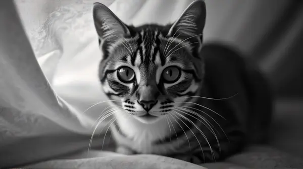 Black and white image of a cat's eyes and whiskers visible through sheer patterned cloth folds
