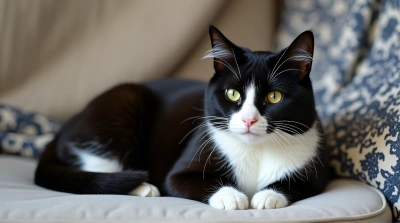 Monochrome Cat Lounging On Cushioned Seat