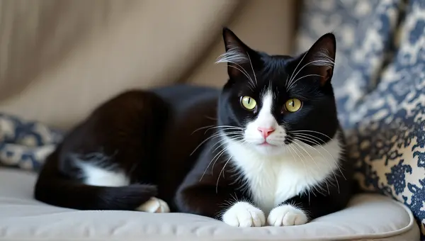 Monochrome Cat Lounging On Cushioned Seat