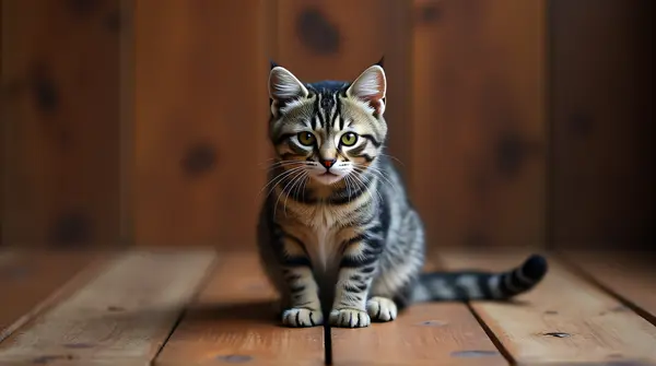 Monochrome cat perched on a chestnut-colored surface with soft shadows highlighting its fur patterns.