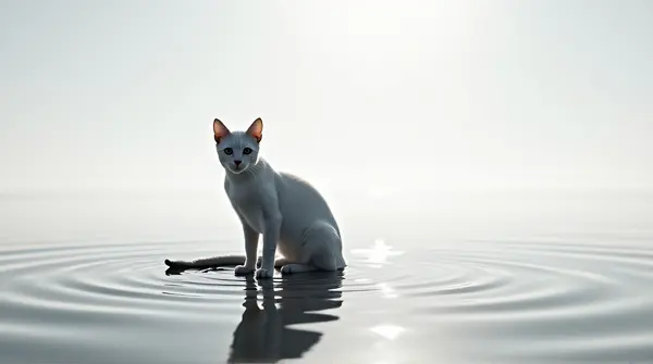 A monochrome cat stands gracefully on a reflective surface with gentle ripples under bright daylight.
