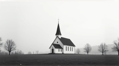 Monochrome Church With Leafless Trees And Sky