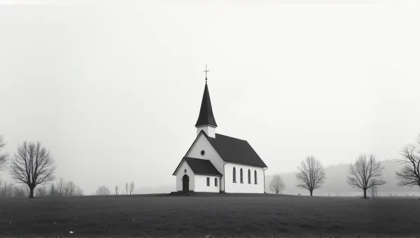 Monochrome Church With Leafless Trees And Sky