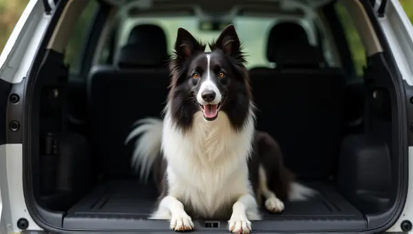 Monochrome Collie Dog Near Vehicle Hatch