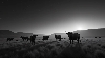 Monochrome Cows Scattered Across Open Meadow