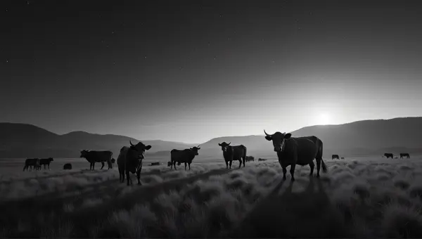 Monochrome Cows Scattered Across Open Meadow