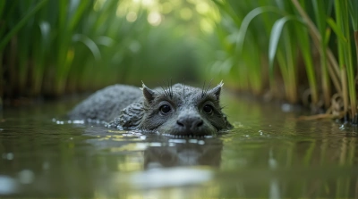 Monochrome Creature Wading Through Shallow Pond