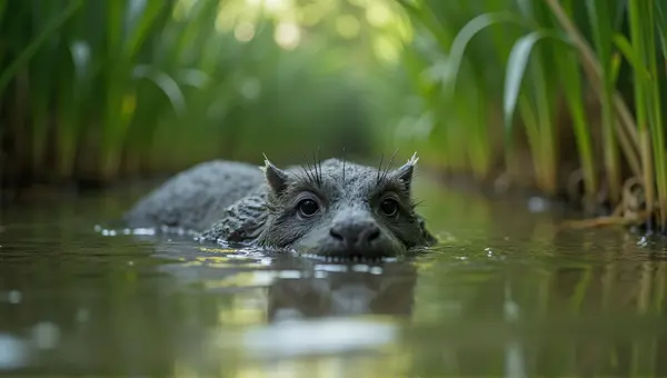 Monochrome Creature Wading Through Shallow Pond