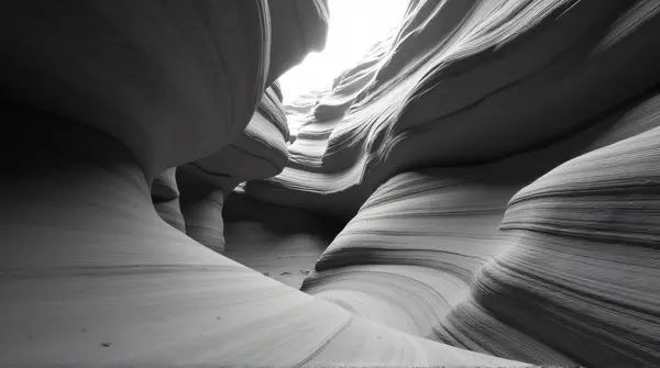 Black and white image showing smooth, curved rock formations with layered textures and deep contrast.