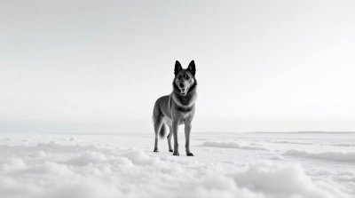 Monochrome Dog On Bright Icy Landscape