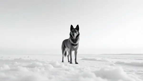 Monochrome Dog On Bright Icy Landscape
