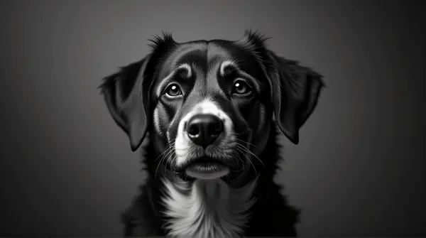 Monochrome portrait of a dog facing forward showing detailed textured fur under soft shadows