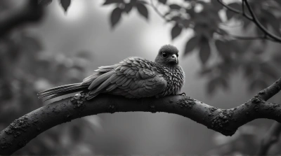 Monochrome Feathered Animal Resting On Limb