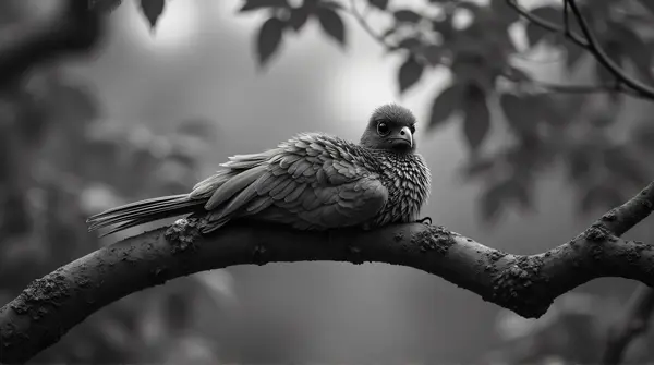Monochrome feathered animal resting on a sturdy limb with blurred green foliage in soft natural light