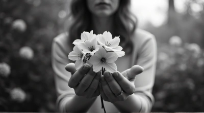 Monochrome Female Grasping Garden Blossoms