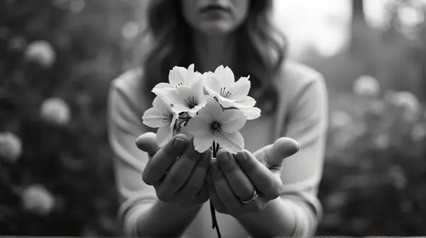 Monochrome photo of a woman grasping garden blossoms with natural window light and shallow focus.
