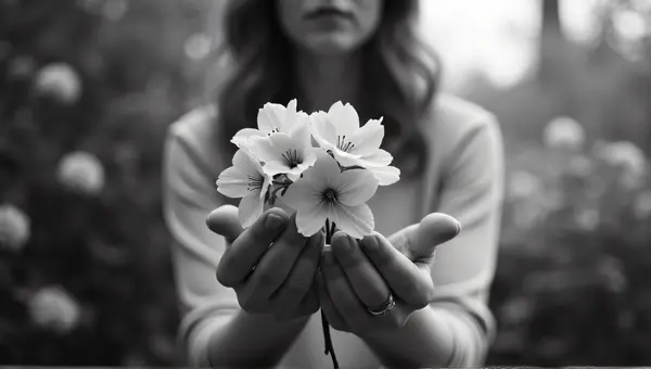 Monochrome Female Grasping Garden Blossoms