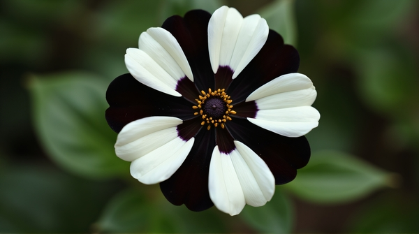 Monochrome flower displaying alternating ivory and ebony petals around a detailed center in a soft natural background.
