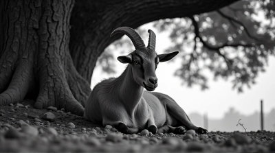 Monochrome Goat Resting Beneath Large Oak Tree