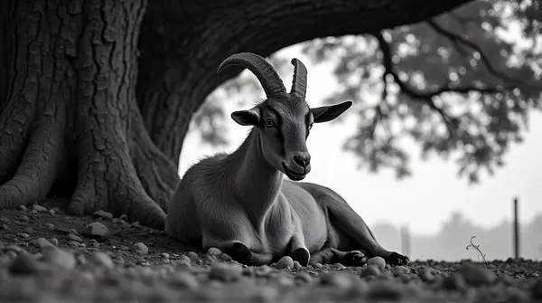Monochrome Goat Resting Beneath Large Oak Tree