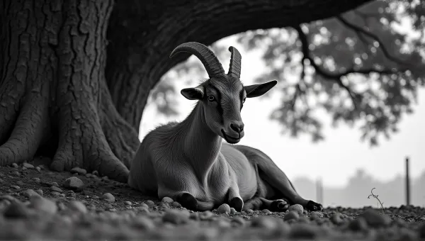 Monochrome Goat Resting Beneath Large Oak Tree
