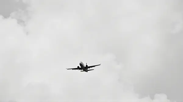 Side view of a monochrome jet gliding low over soft white vapor formations in a bright sky.