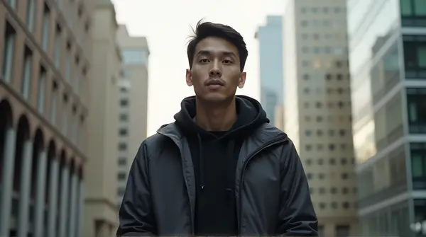 Person in monochrome outerwear standing upright against a softly blurred city backdrop with natural lighting