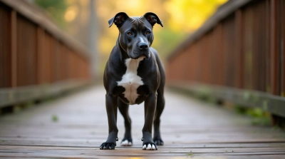 Monochrome Pitbull Terrier Standing Alert On Plank Walkway