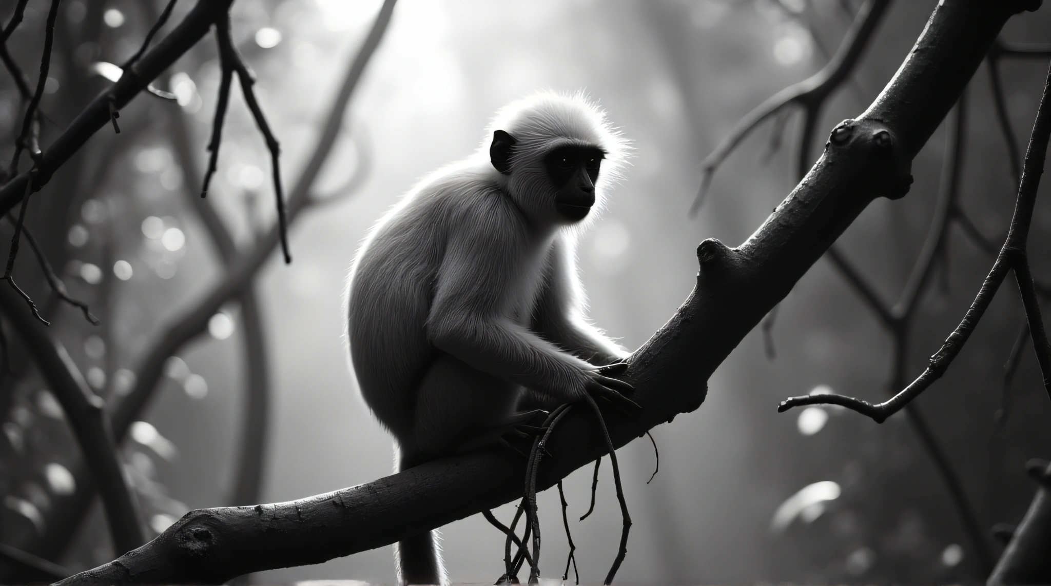 Monochrome Primate Close-Up Among Twisting Vines