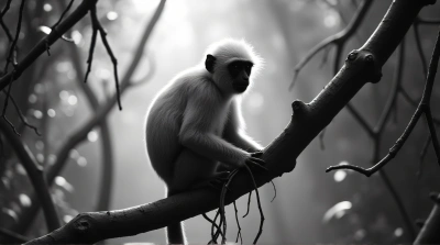Monochrome Primate Close-Up Among Twisting Vines