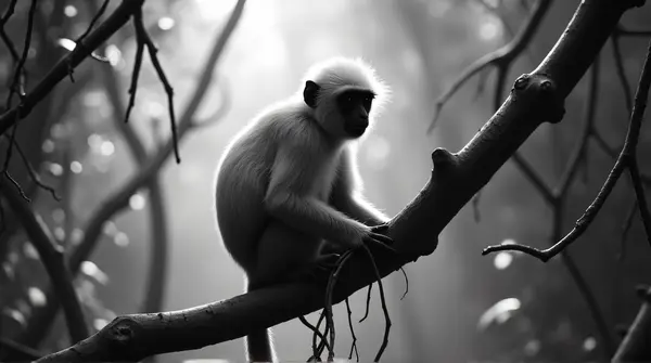 Monochrome Primate Close-Up Among Twisting Vines