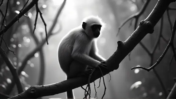 Monochrome Primate Close-Up Among Twisting Vines