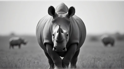 Monochrome Rhinoceros In Sharp Focus On Savannah