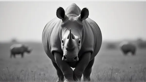 Monochrome Rhinoceros In Sharp Focus On Savannah