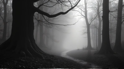 Monochrome Shadowed Woodland With Vapor