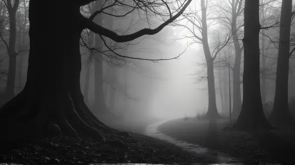 Black and white image of a shadowed woodland with swirling vapor highlighting bark texture and layered branches