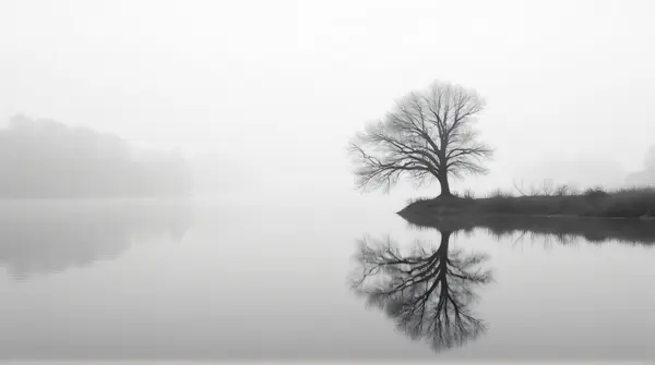 Leafless silhouette centered over a still lake with soft ripples distorting its mirrored outline in black and white.