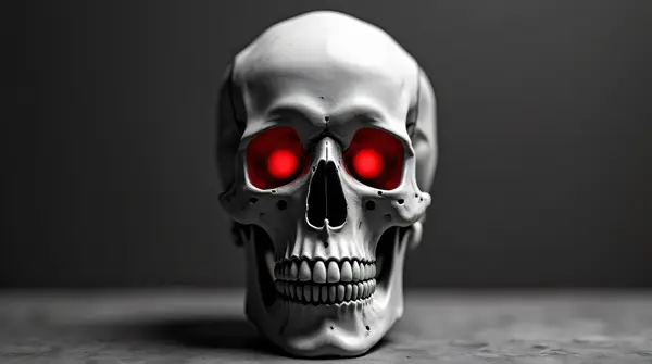 Close-up of a monochrome skull featuring crimson illuminated sockets on a minimalistic surface