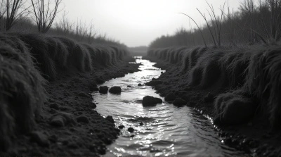 Monochrome Stream Flowing Through Textured Terrain