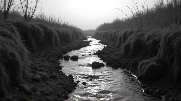 Black and white image of a small stream winding through textured land and scattered plants under soft light