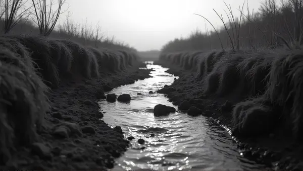 Monochrome Stream Flowing Through Textured Terrain