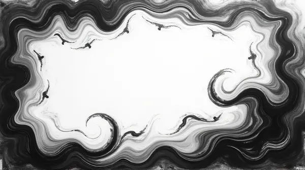 Dynamic black and white swirling shapes contrasted against a flat background in a square frame.