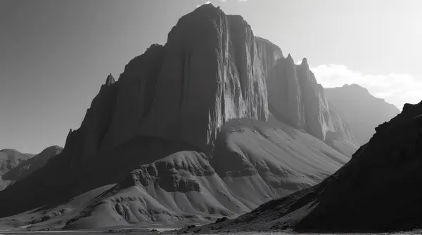 Black and white low-angle photo of a towering cliff with sharp textures and contrasting light on steep slopes.