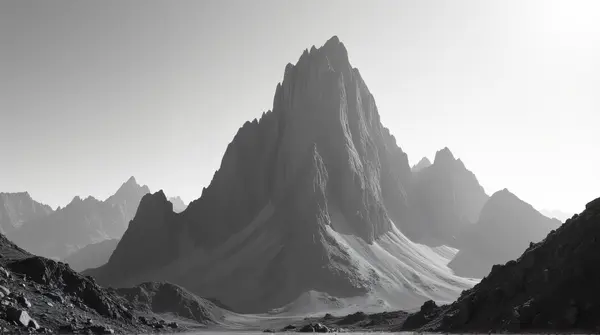 Black and white image of a towering peak with sunlight casting shadows on jagged slopes from a low angle.